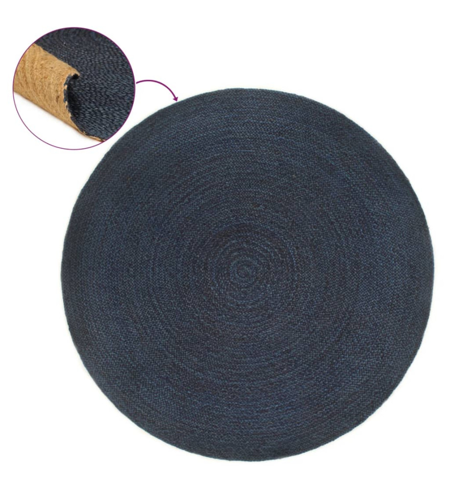 Tapis tressé réversible Bleu marine et naturel 90 cm Jute Rond