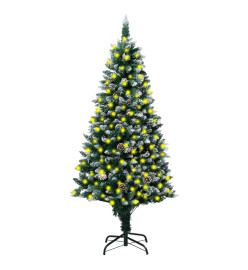 Sapin de Noël avec LED et pommes de pin et neige blanche 210 cm