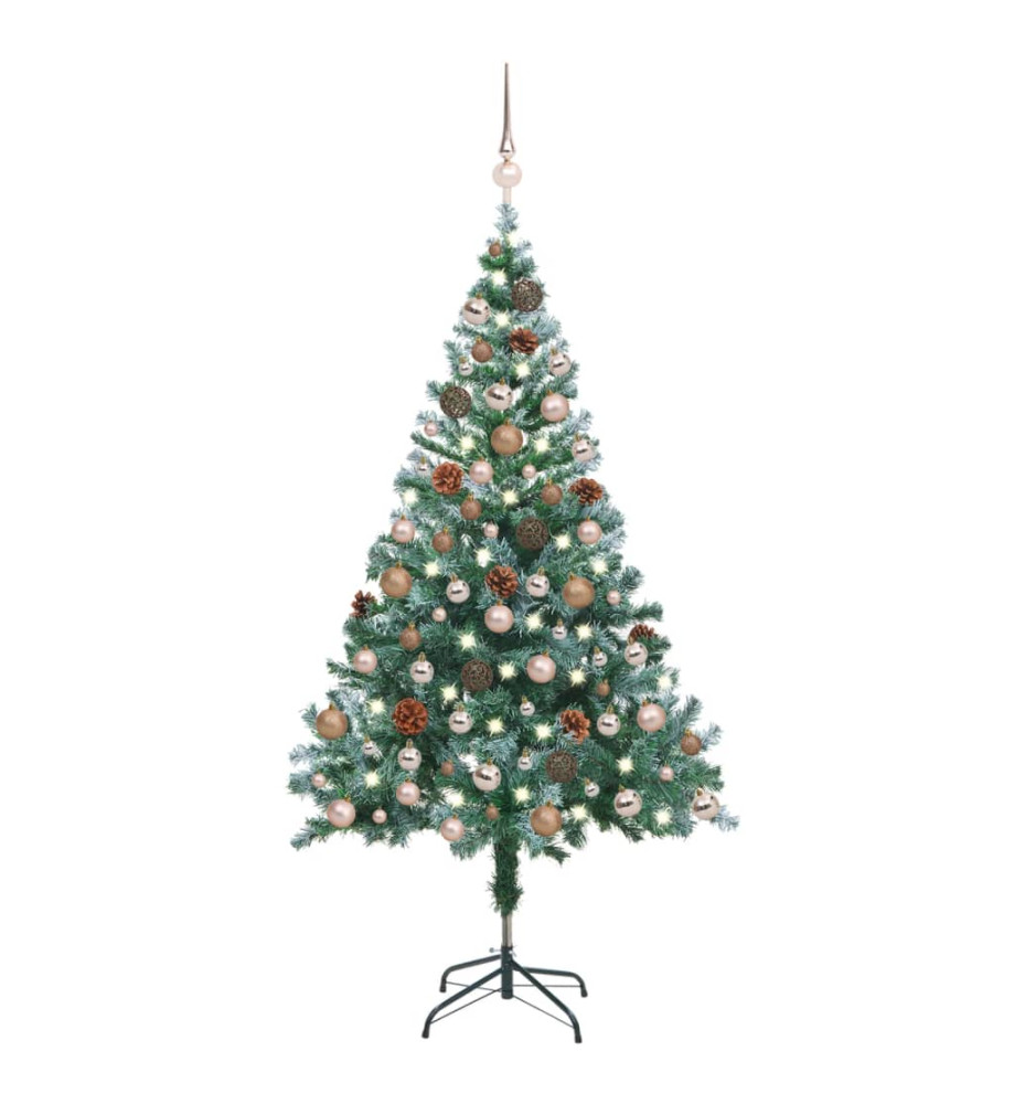 Arbre de Noël givré pré-éclairé et boules pommes de pin 150 cm