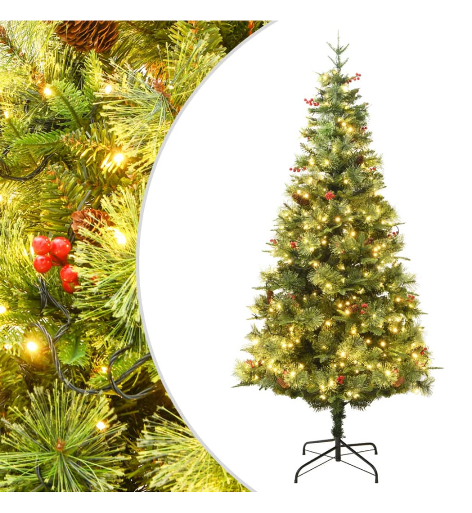 Sapin de Noël pré-éclairé et pommes de pin vert 225cm PVC et PE