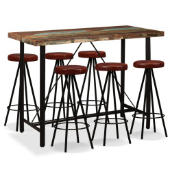 Ensemble de bar 7 pcs Bois massif recyclé et cuir véritable