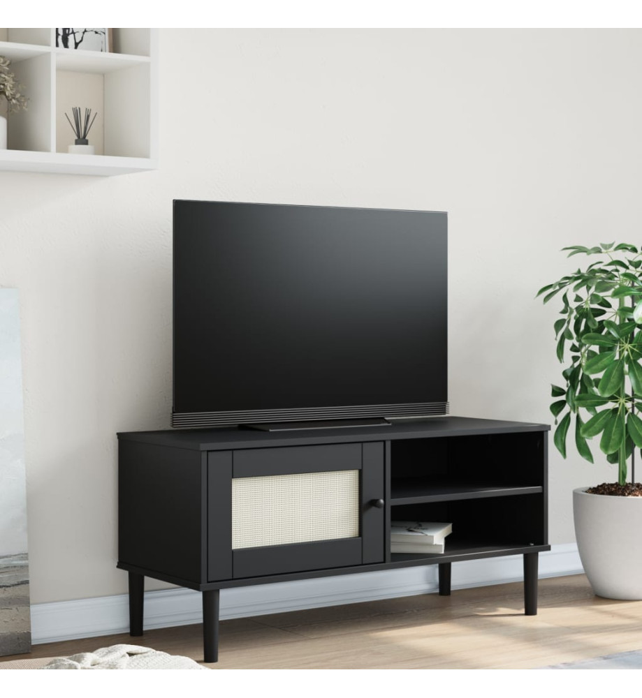 Meuble TV SENJA aspect rotin noir 106x40x49cm bois massif pin