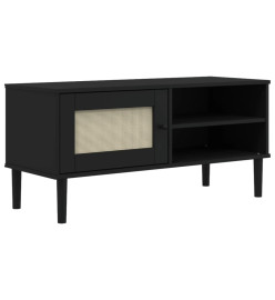 Meuble TV SENJA aspect rotin noir 106x40x49cm bois massif pin