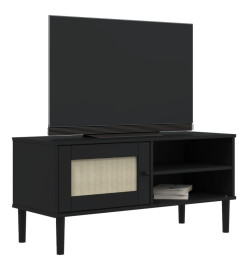 Meuble TV SENJA aspect rotin noir 106x40x49cm bois massif pin