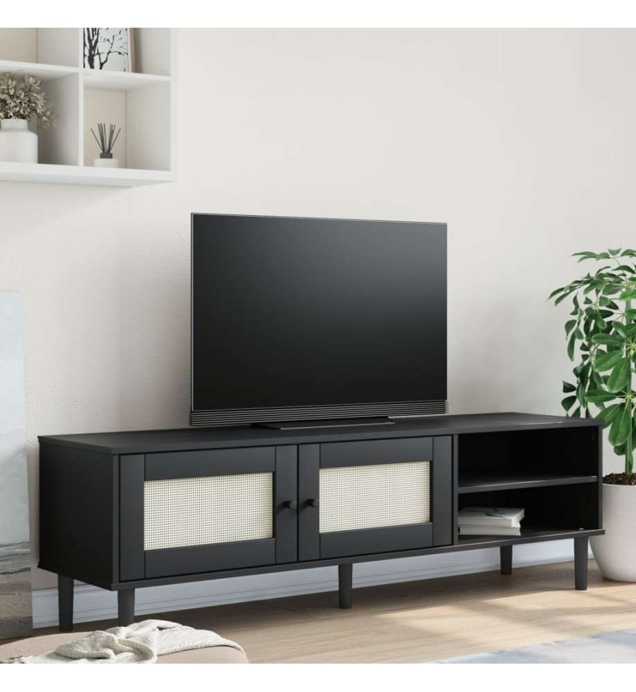 Meuble TV SENJA aspect rotin noir 158x40x49cm bois massif pin