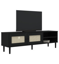 Meuble TV SENJA aspect rotin noir 158x40x49cm bois massif pin