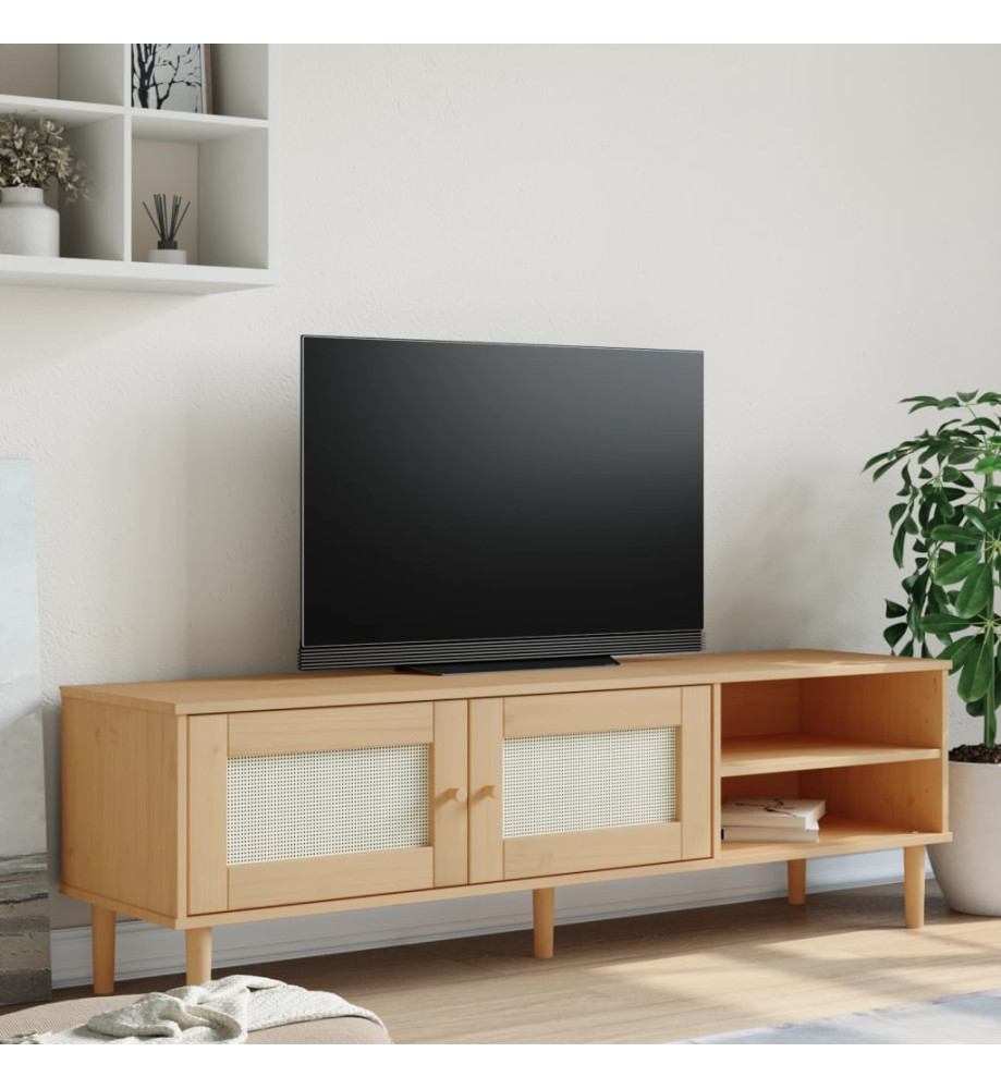 Meuble TV SENJA aspect rotin marron 158x40x49cm bois massif pin