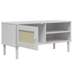 Meuble TV SENJA aspect rotin blanc 106x40x49cm bois massif pin