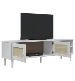 Meuble TV SENJA aspect rotin blanc 158x40x49cm bois massif pin