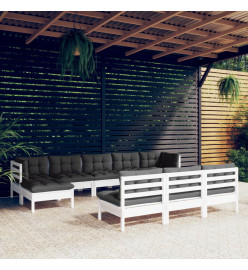Salon de jardin 10 pcs avec coussins Blanc Bois de pin