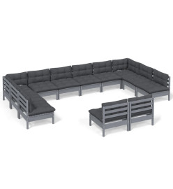 Salon de jardin 12 pcs avec coussins Gris Bois de pin massif