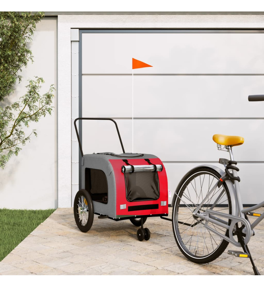 Remorque de vélo pour chien rouge et gris tissu oxford et fer