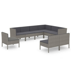 Salon de jardin 9 pcs avec coussins Résine tressée Gris