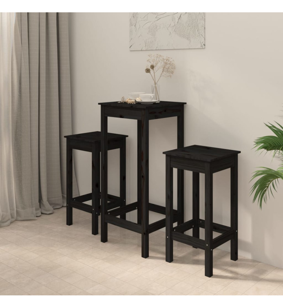 Ensemble de bar 3 pcs Noir Bois de pin massif