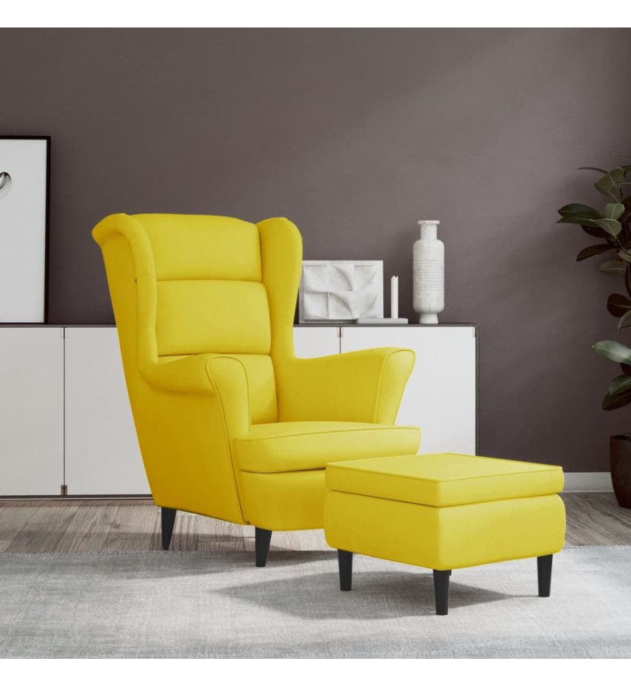 Fauteuil à oreilles avec tabouret jaune moutarde velours