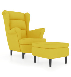 Fauteuil à oreilles avec tabouret jaune moutarde velours