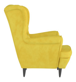 Fauteuil à oreilles avec tabouret jaune moutarde velours