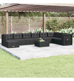 Salon de jardin 9 pcs avec coussins Noir Résine tressée