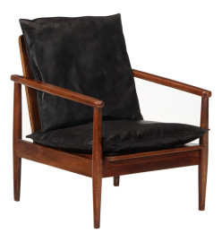 Fauteuil noir cuir véritable et bois d'acacia solide