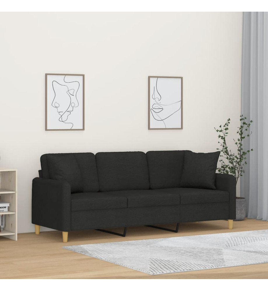 Canapé 3 places avec oreillers décoratifs noir 180 cm tissu