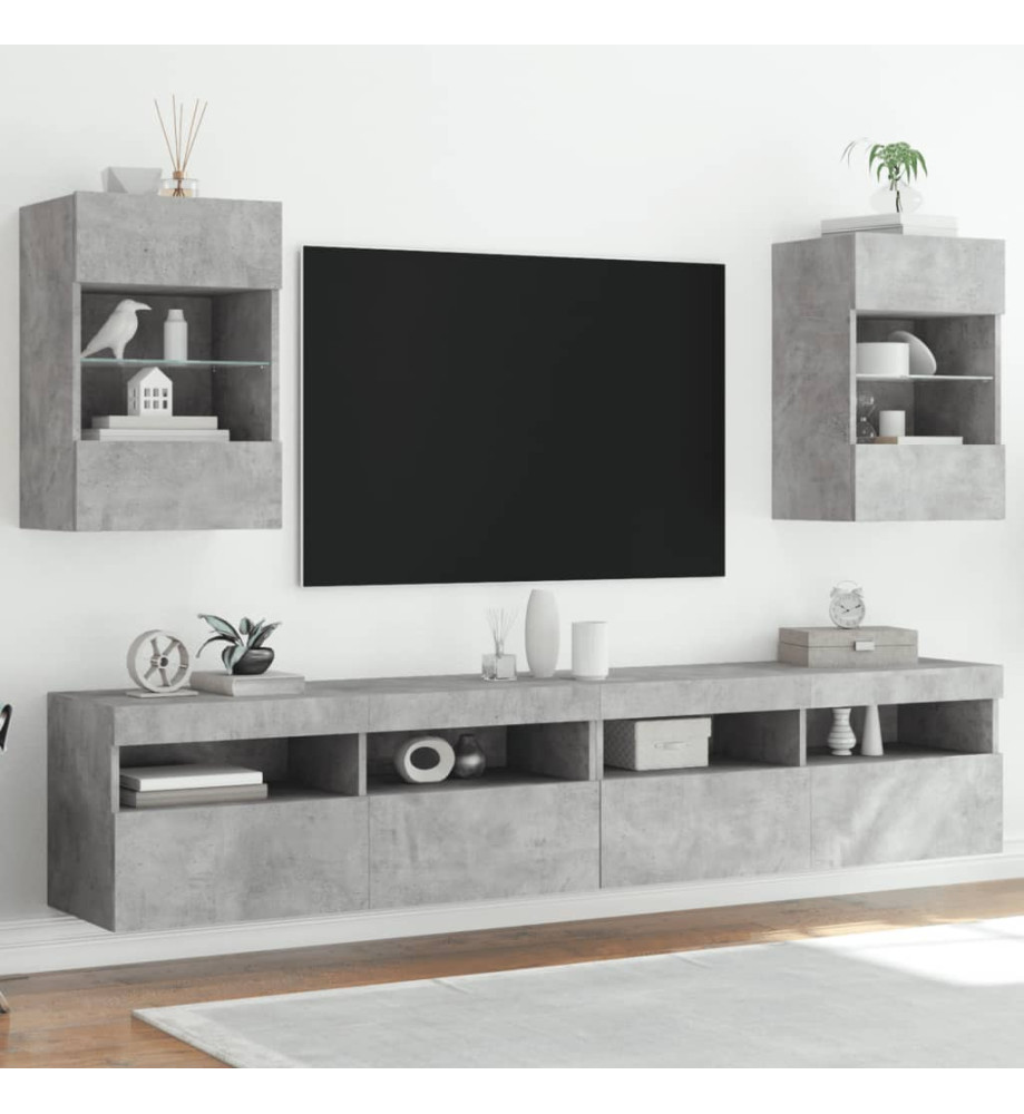 Meubles TV muraux et lumières LED 2pcs gris béton 40x30x60,5 cm