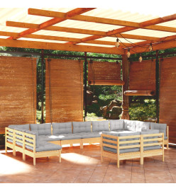 Salon de jardin 12 pcs avec coussins gris bois de pin massif