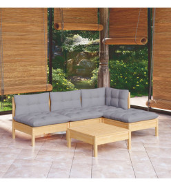 Salon de jardin 5 pcs avec coussins gris bois de pin