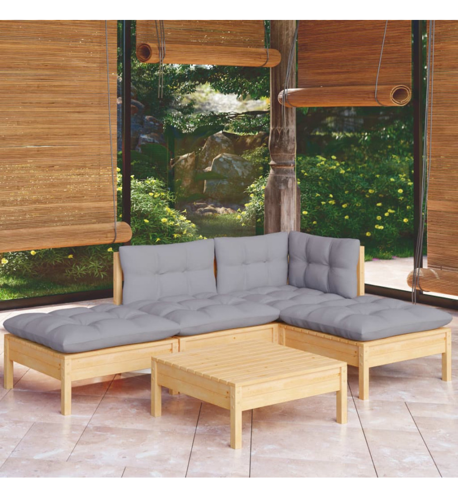 Salon de jardin 5 pcs avec coussins gris bois de pin Salon de jardin 5 pcs avec coussins gris bois de pin