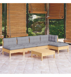 Salon de jardin 6 pcs avec coussins gris bois de pin