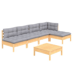 Salon de jardin 6 pcs avec coussins gris bois de pin