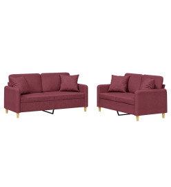 Ensemble de canapés 2 pcs avec coussins rouge bordeaux tissu