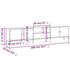 Meuble TV à tiroir chêne fumé 200x25x44 cm bois d'ingénierie