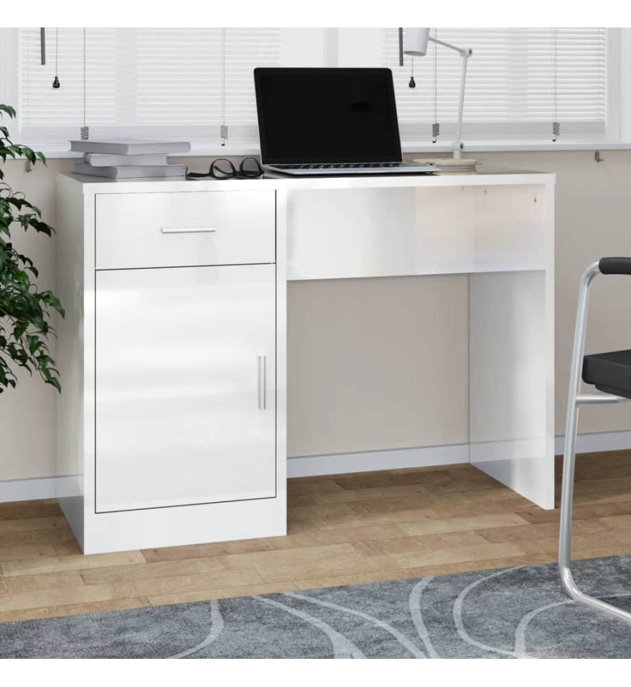 Bureau avec tiroir et armoire Blanc brillant 100x40x73 cm