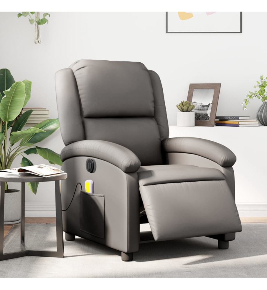 Fauteuil de massage inclinable électrique gris cuir véritable