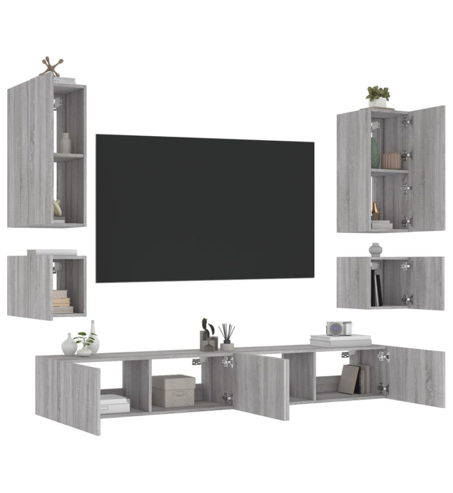 Meuble TV mural 6 pcs avec lumières LED sonoma gris