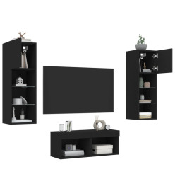 Meuble TV mural 4 pcs avec lumières LED noir