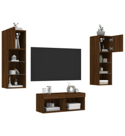 Meuble TV mural 4 pcs avec lumières LED chêne marron