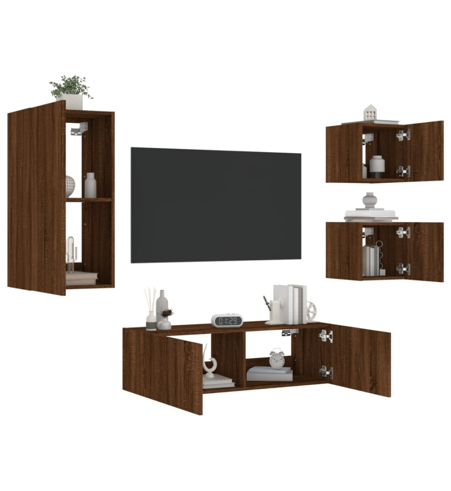 Meuble TV mural 4 pcs avec lumières LED chêne marron