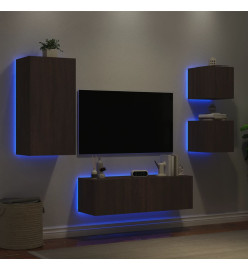 Meuble TV mural 4 pcs avec lumières LED chêne marron