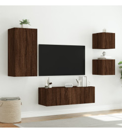 Meuble TV mural 4 pcs avec lumières LED chêne marron