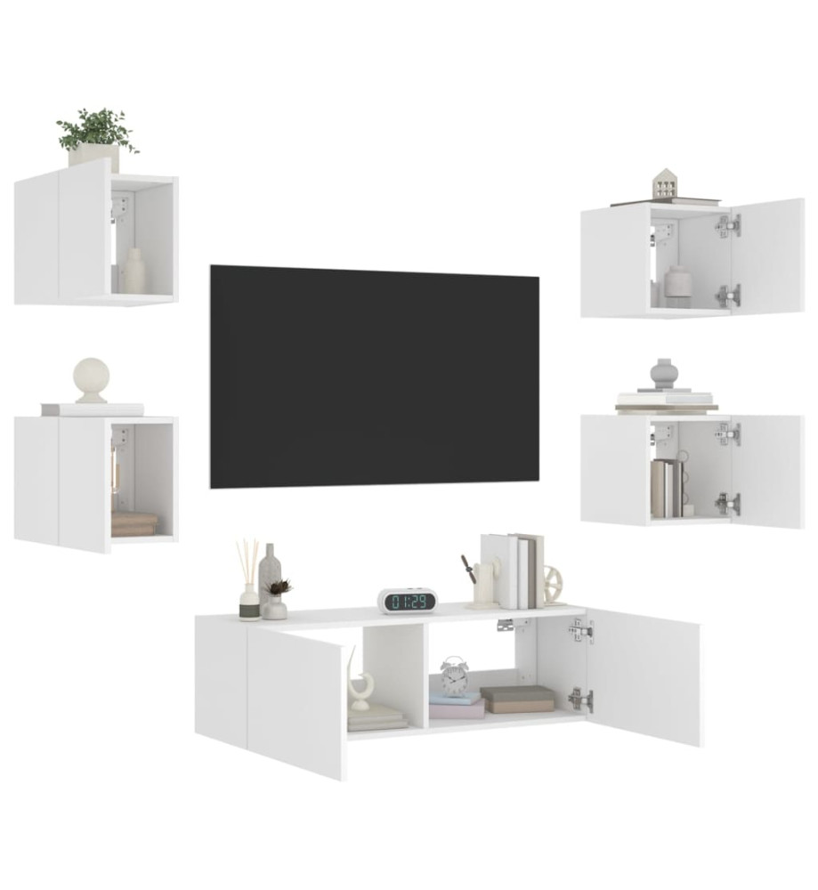 Meuble TV mural 5 pcs avec lumières LED blanc