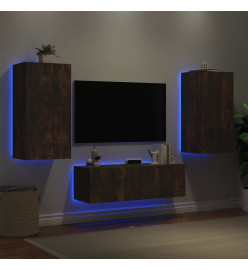 Meuble TV mural 3 pcs avec lumières LED chêne fumé