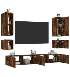 Meuble TV mural 6 pcs avec lumières LED chêne fumé