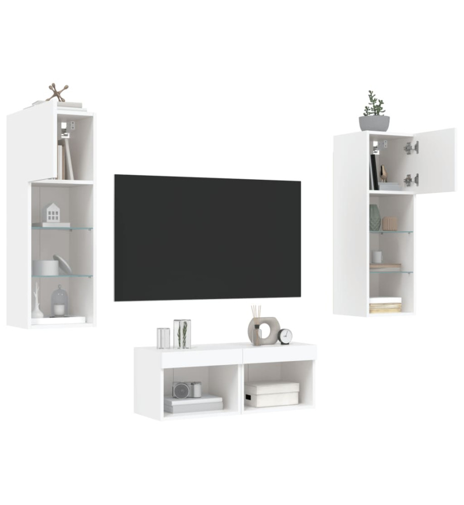 Meuble TV mural 4 pcs avec lumières LED blanc