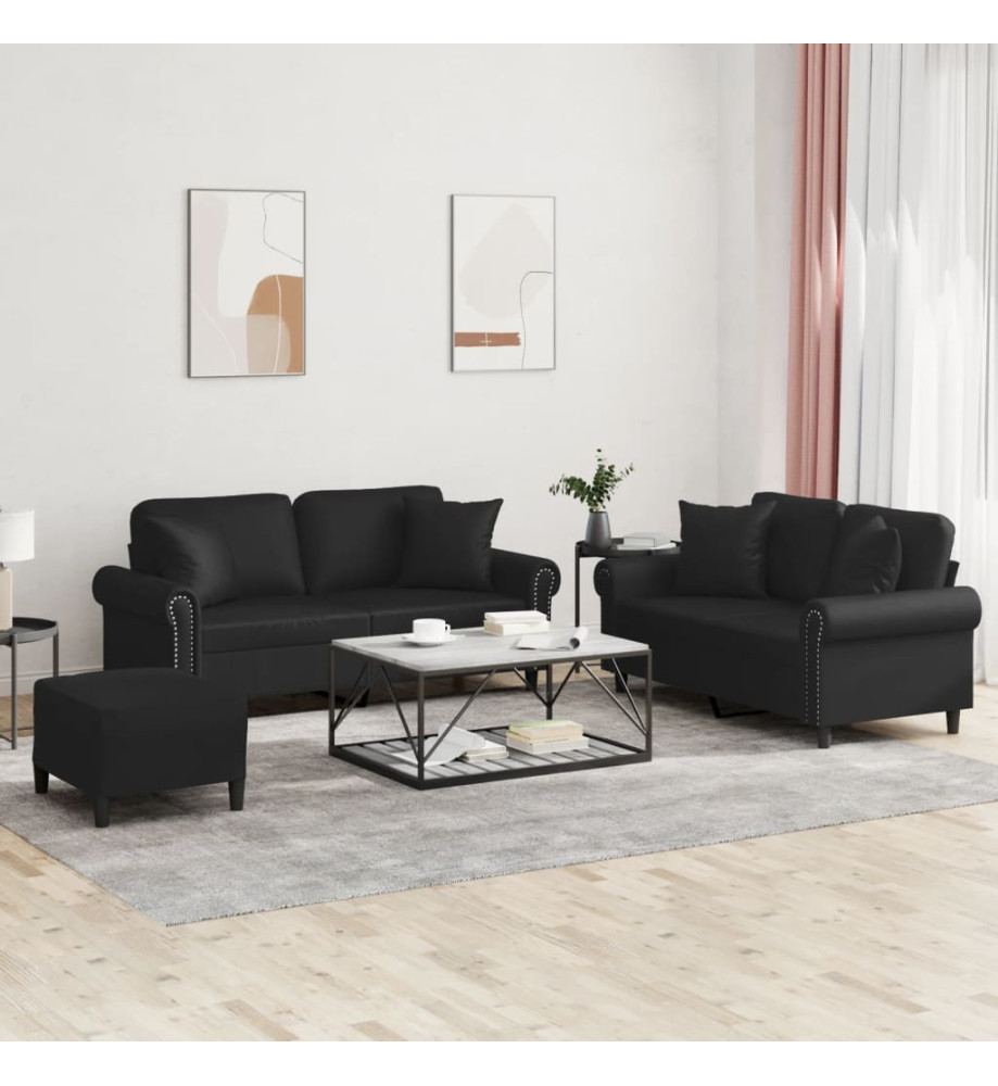 Ensemble de canapés 3 pcs avec coussins noir similicuir