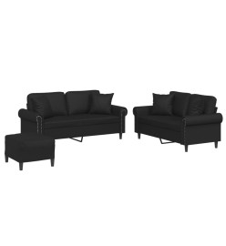 Ensemble de canapés 3 pcs avec coussins noir similicuir