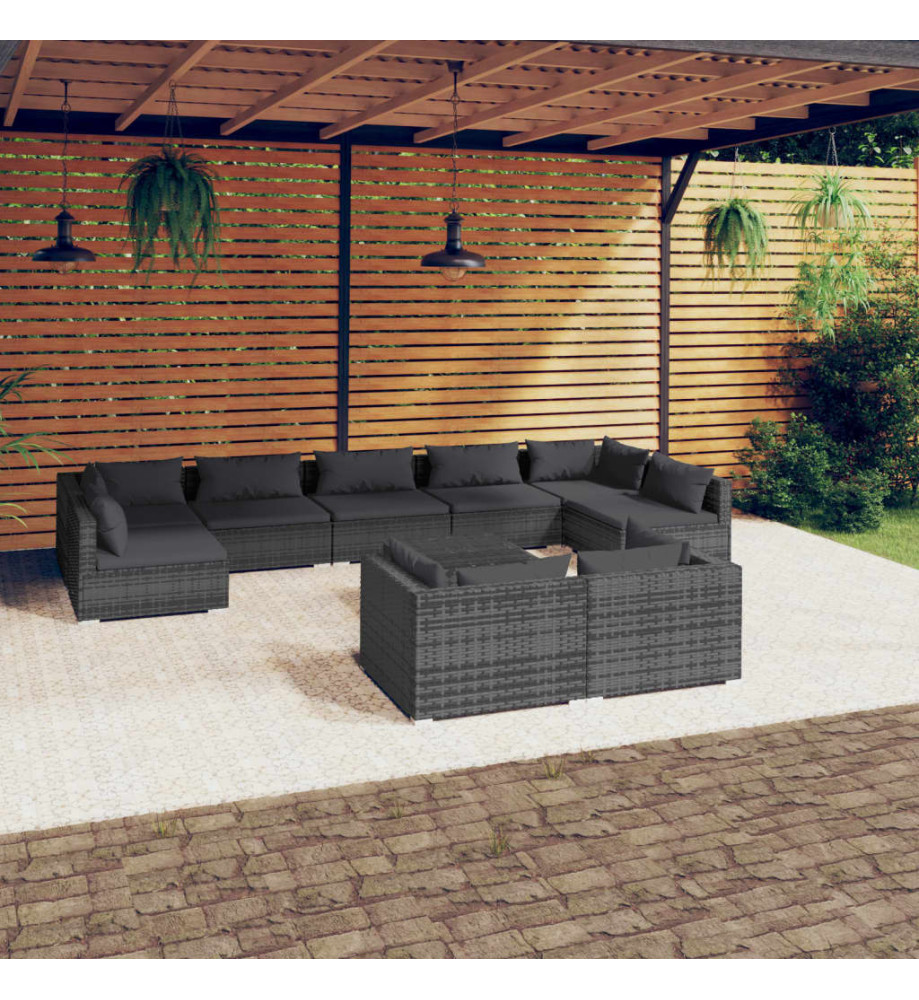 Salon de jardin 10 pcs avec coussins Gris Résine tressée Salon de jardin 10 pcs avec coussins Gris Résine tressée