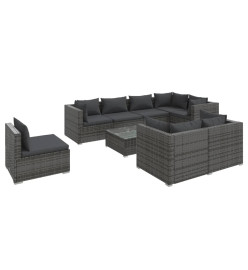 Salon de jardin 9 pcs avec coussins Résine tressée Gris