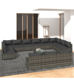 Salon de jardin 14 pcs avec coussins Gris Résine tressée