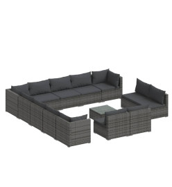 Salon de jardin 14 pcs avec coussins Gris Résine tressée